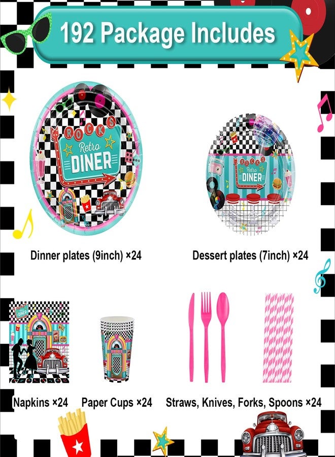 Avezano 192 Pcs 50s Party Plates Napkins 1950's Theme Rock Roll Party Tableware Back to 50s Disposable Paper Plates Napkins for Birthday Anniversary Party Decor Supplies for 24 Guests - Image 2
